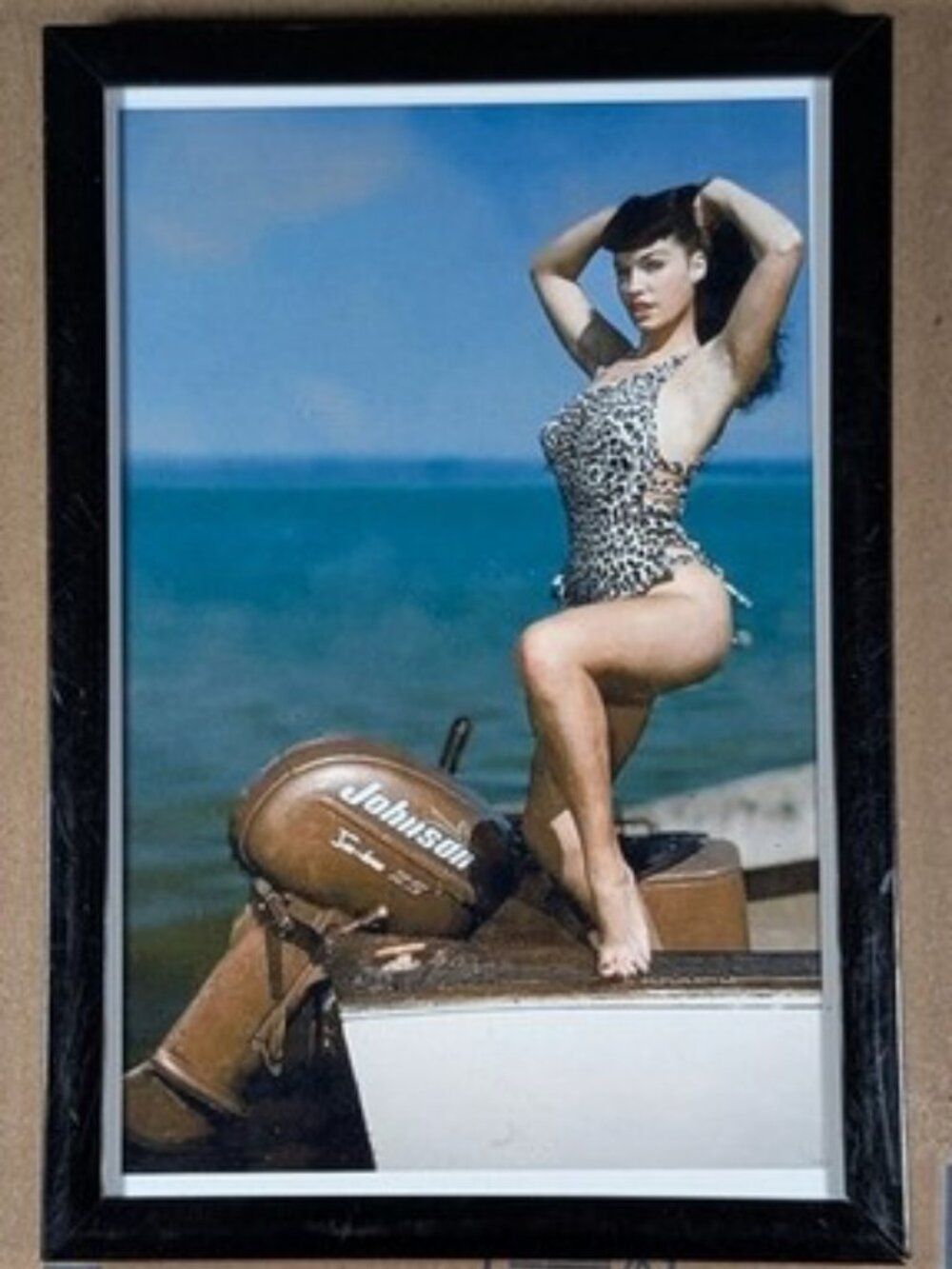 Bettie Page Framed Vintage Pinup Photo Print Leopard Swimsuit - 5x7